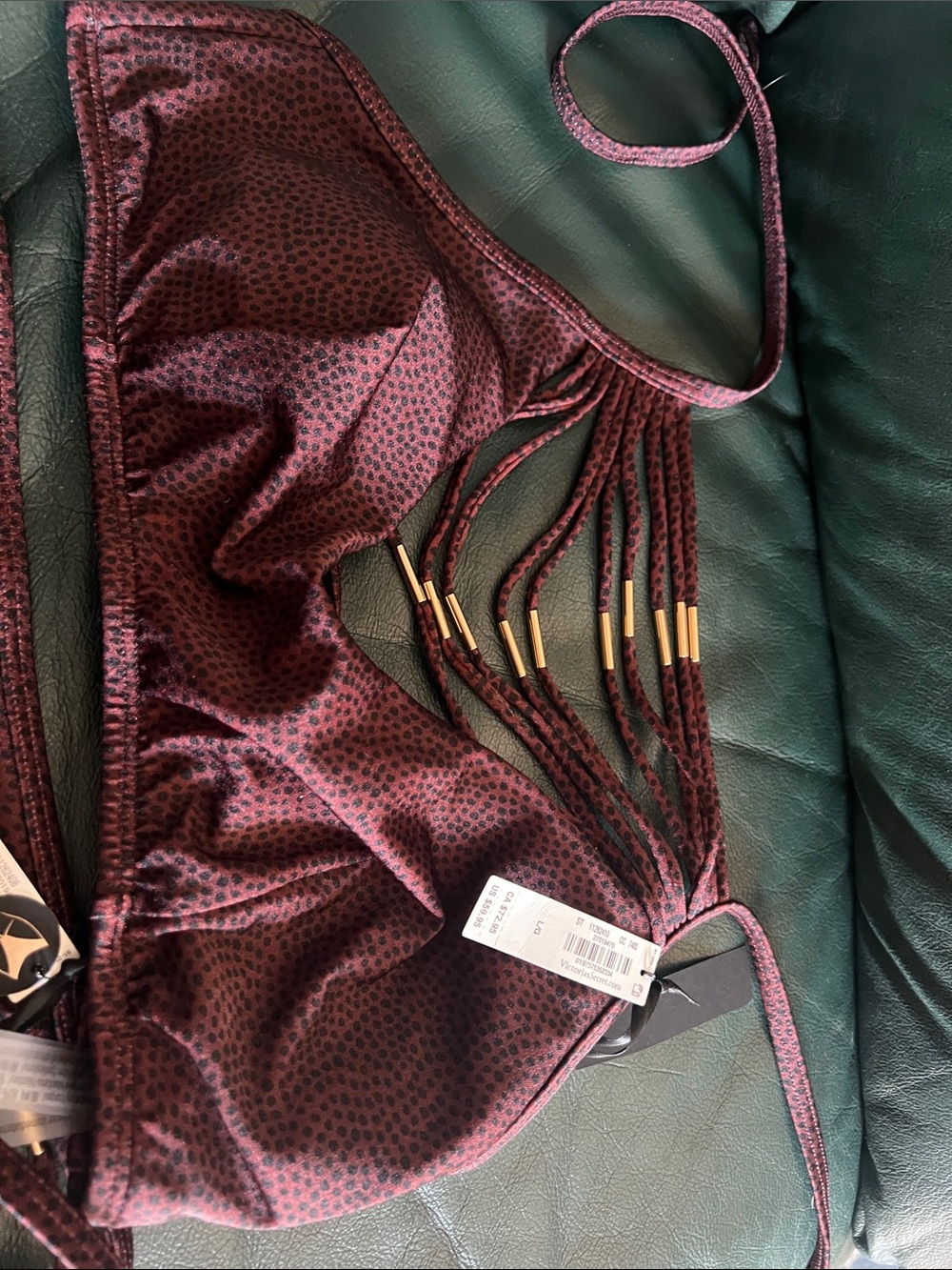 PINK Victoria's Secret Burgundy Strappy Two-Piece Bikini with Gold Accents - Picture 2 of 9